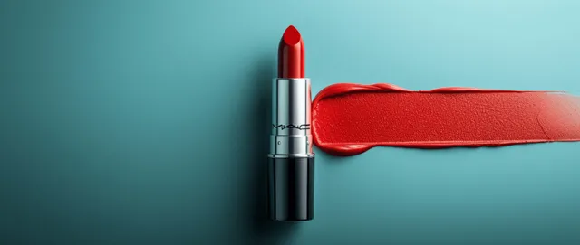Red lipstick with a glossy smear on a teal solid background, with empty space for text.