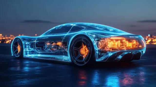 A neon-lit electric car with a transparent chassis X-ray view showing internal components on a night street.