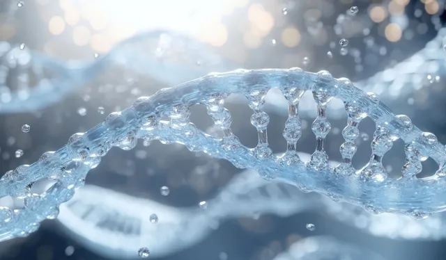 Blue water droplets form a DNA helix with a faint glowing nanolattice in a dark scientific background.
