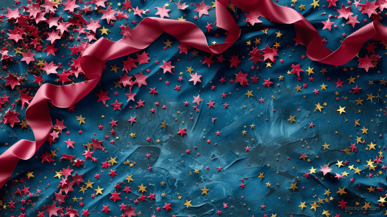 Juneteenth banner with flowing red white and blue star flag ribbon over a textured blue-gray background.