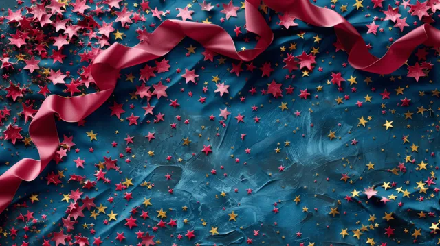 Juneteenth banner with flowing red white and blue star flag ribbon over a textured blue-gray background.