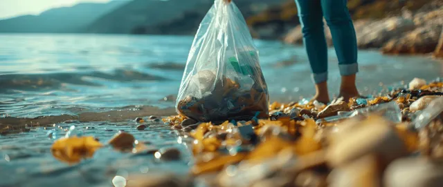 Volunteers’ hands lift a plastic bag from sandy beach litter with ocean water and mountains in the background.