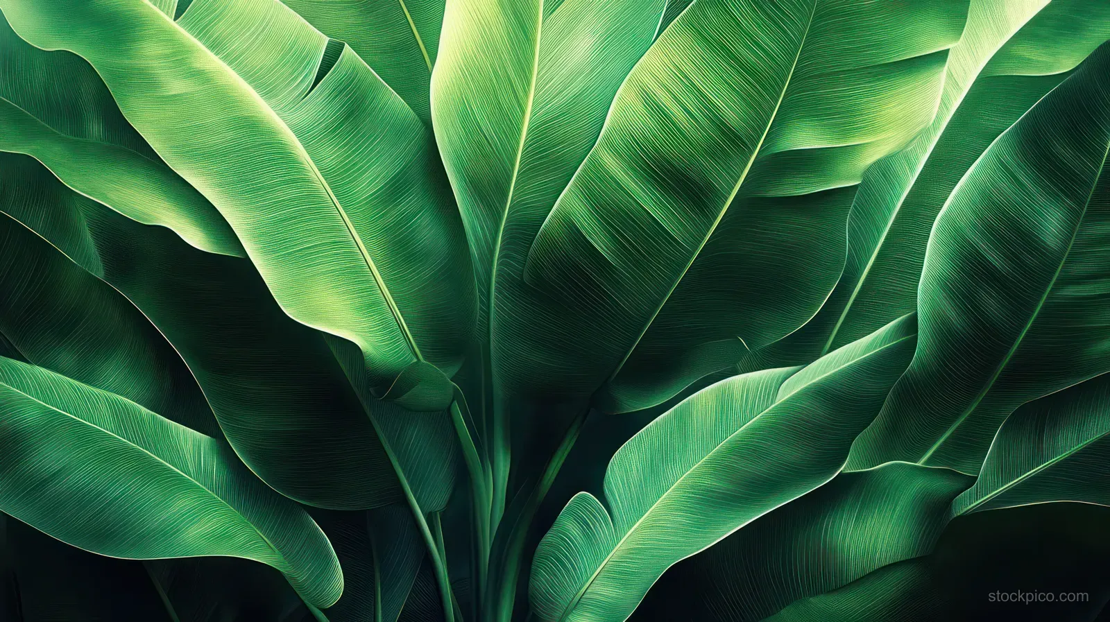 Close-up of sunlit green tropical banana leaves with visible veins and soft shadows.