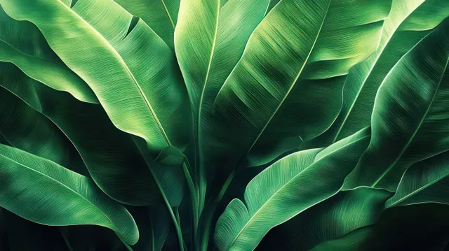 Vibrant tropical banana leaves close-up with sunlit veins and soft shadowed gradients