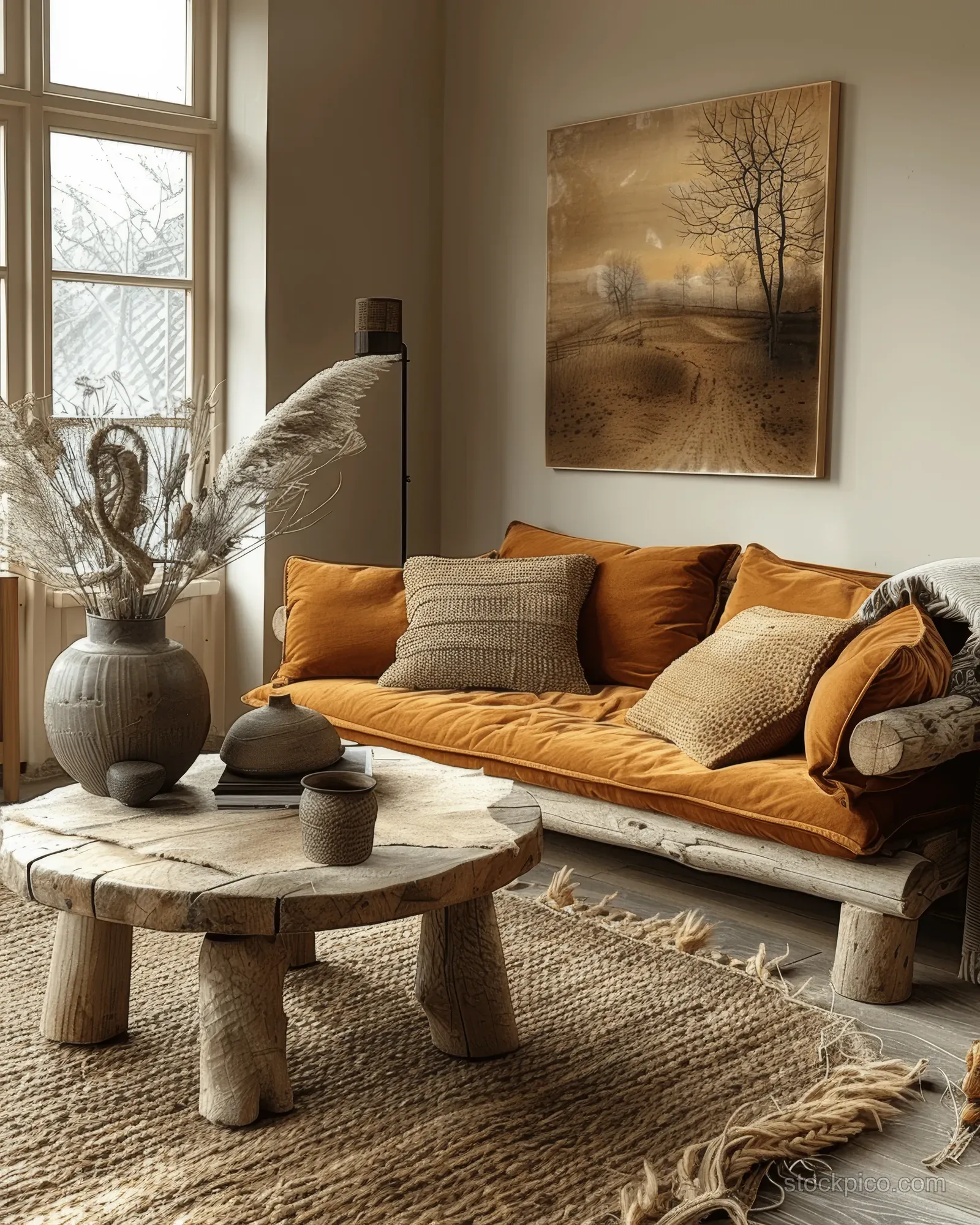 Terra cotta sofa and wooden coffee table in a Scandinavian living room with window light and framed wall painting.