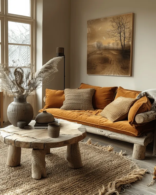 Scandinavian living room with terra cotta sofa, wooden table, and warm wall painting