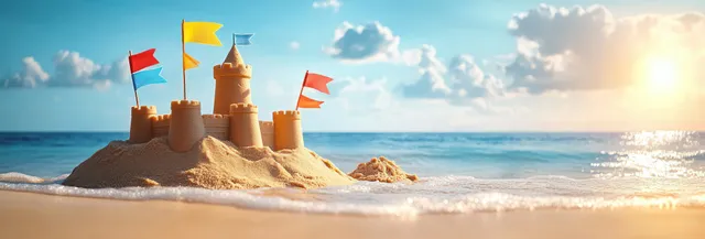 Colorful sandcastle on a sunny beach with flags against shimmering ocean waves
