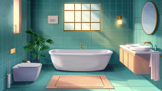 Teal bathroom interior with freestanding bathtub, double vanity, mirrors, and warm window light on tiled walls.