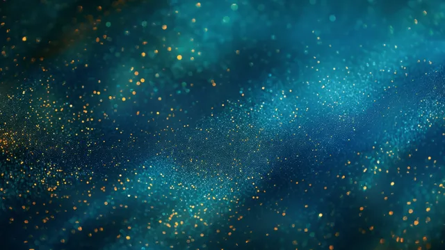 Abstract galaxy backdrop with gold glitter particles drifting across deep blue green haze