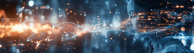 An engineer in a dark lab headset views holographic medical data and circuitry above city lights.