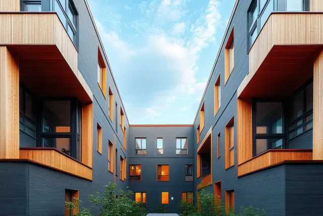 Modern apartment courtyard with dark facade, warm wood window frames, and blue sky light