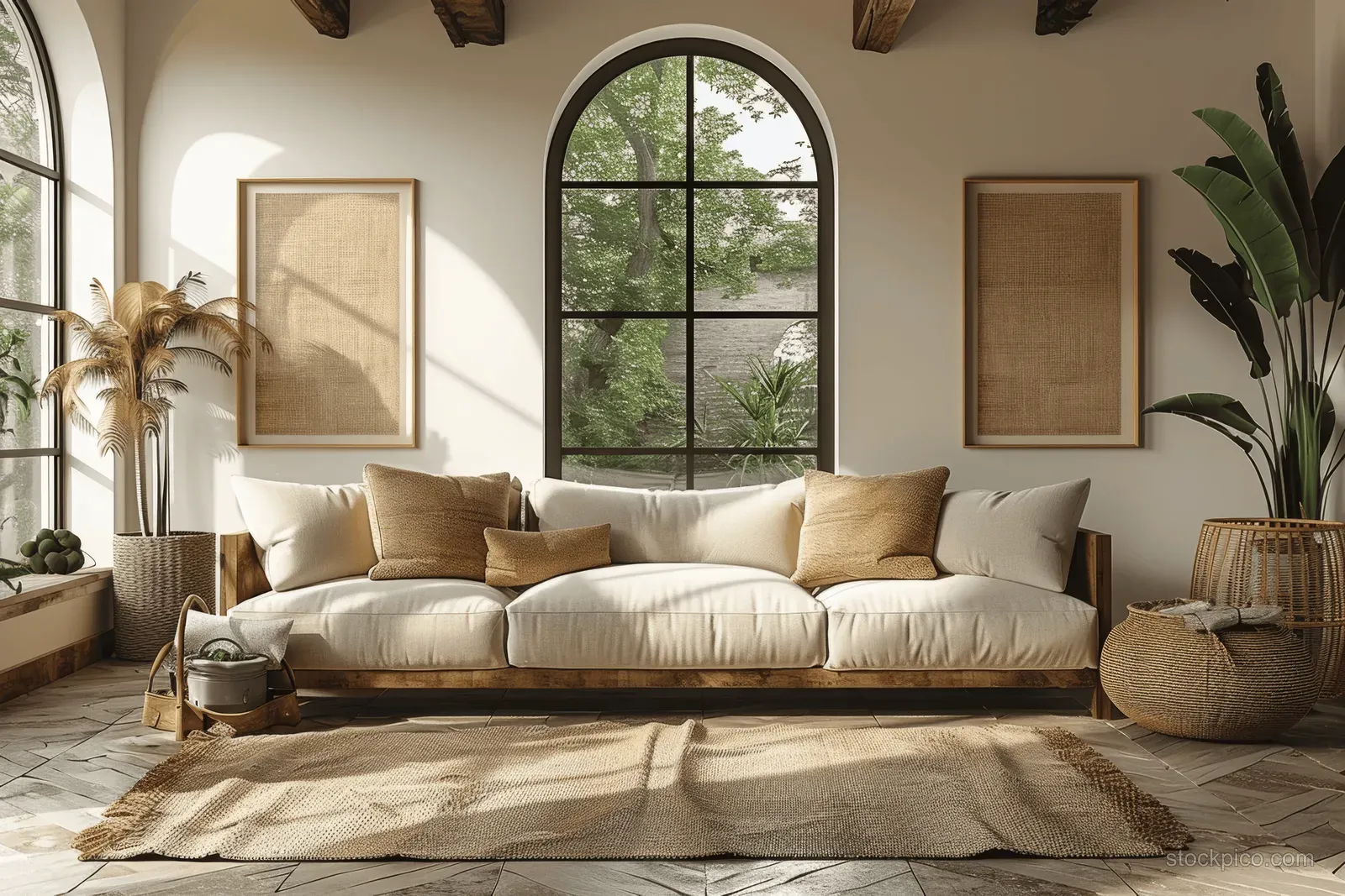 Sunlit living room with a white sofa, beige cushions, arched window, natural wood, wicker decor, and indoor plants.