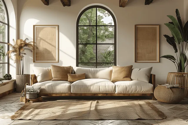 Sunlit living room with a white sofa, beige cushions, arched window, natural wood, wicker decor, and indoor plants.