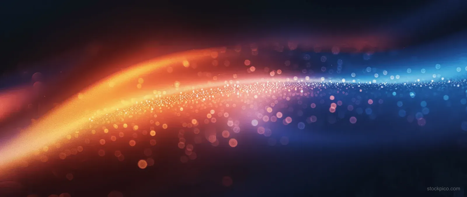 Rainbow gradient light streaks sweep across a dark starry background with visible grainy texture.