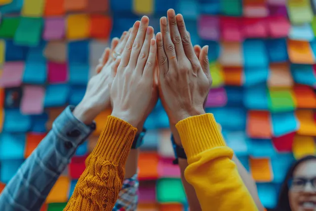 Team hands give high fives in a colorful office wall, celebrating unity and success together