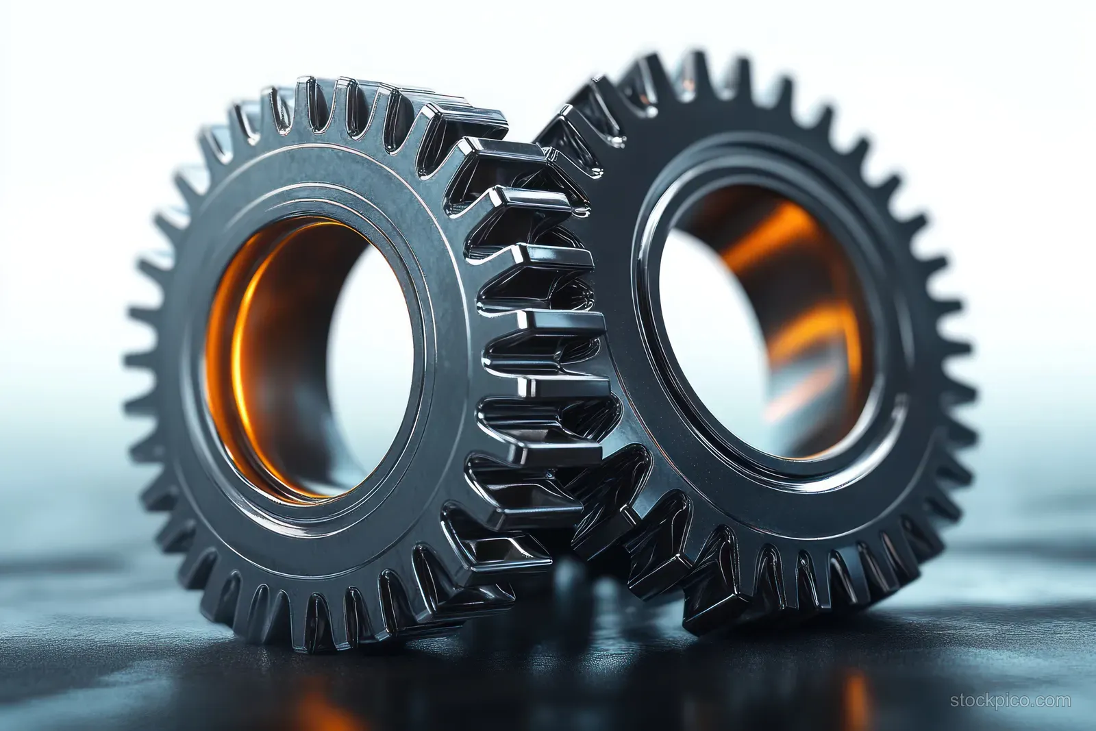 Two interlocking metal gears with reflective teeth on a smooth dark surface under soft light.