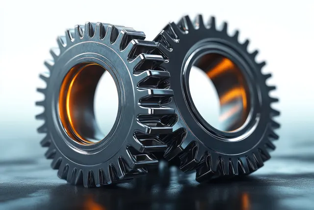 Two interlocking metal gears with reflective teeth on a smooth dark surface under soft light.