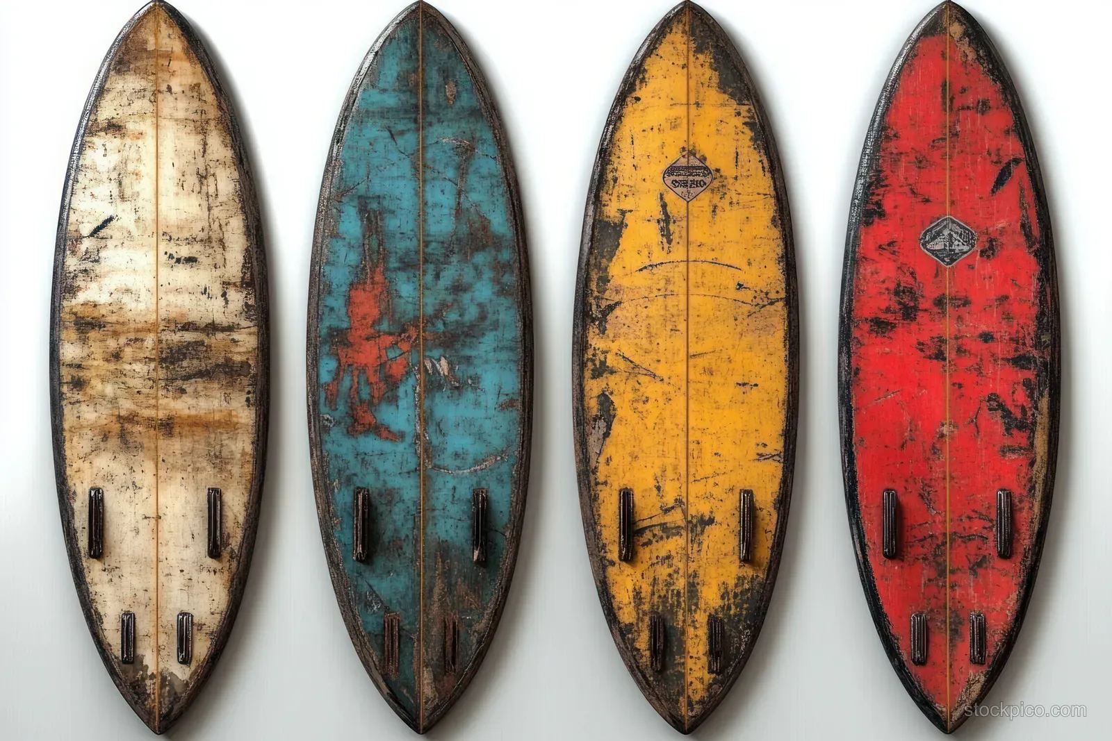 Four vintage surfboards in white, blue, yellow, and red stand upright against a clean white wall, showcasing their weathered textures.