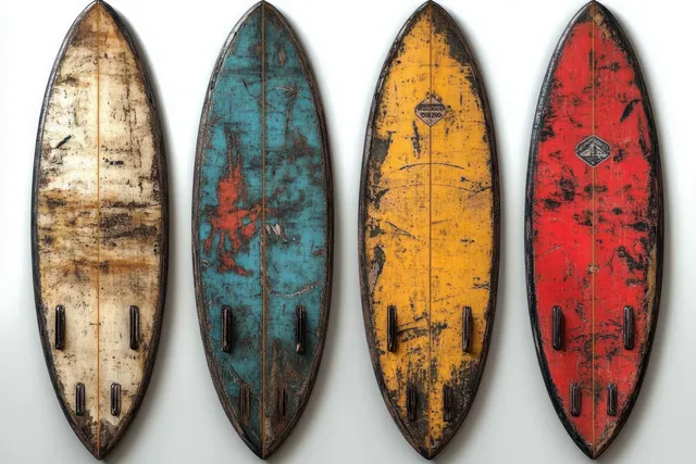 Four vintage surfboards in white, blue, yellow, and red stand upright against a clean white wall, showcasing their weathered textures.