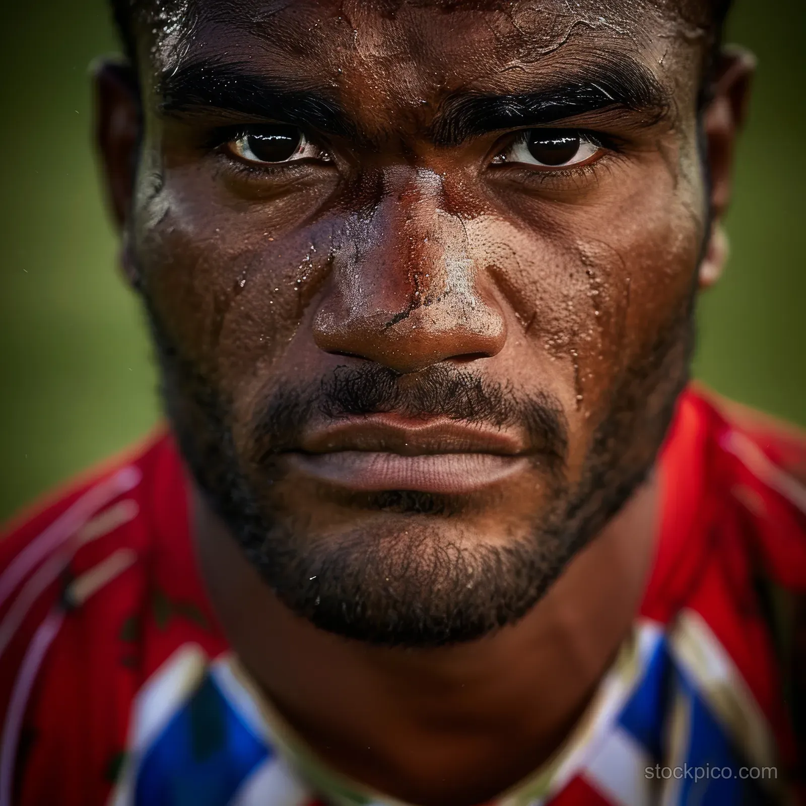 A Fijian rugby sevens player stares forward in a red striped jersey, dirt on his face during a match.