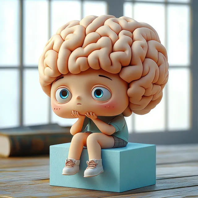 A cartoon child with an oversized brain sits thoughtfully on a blue block by large windows.