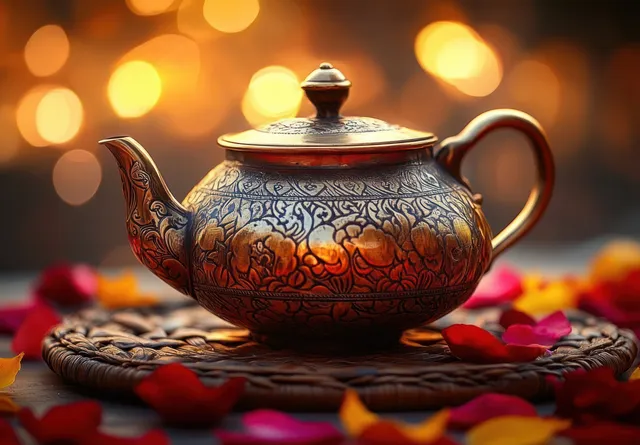 Ornate engraved metal teapot on woven mat with rose petals and warm bokeh lights