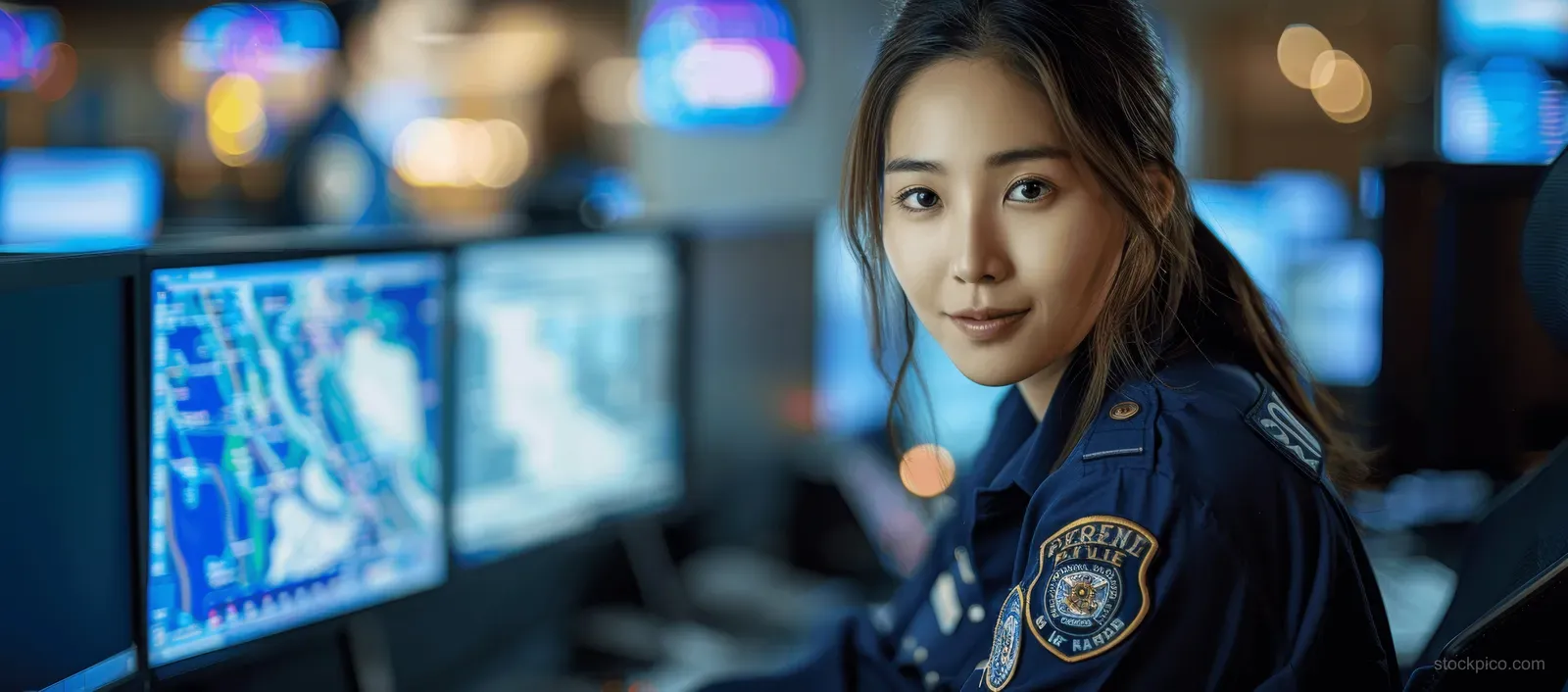 Asian female police officer seated at a desk, typing while monitoring multiple screens in a nighttime command center.