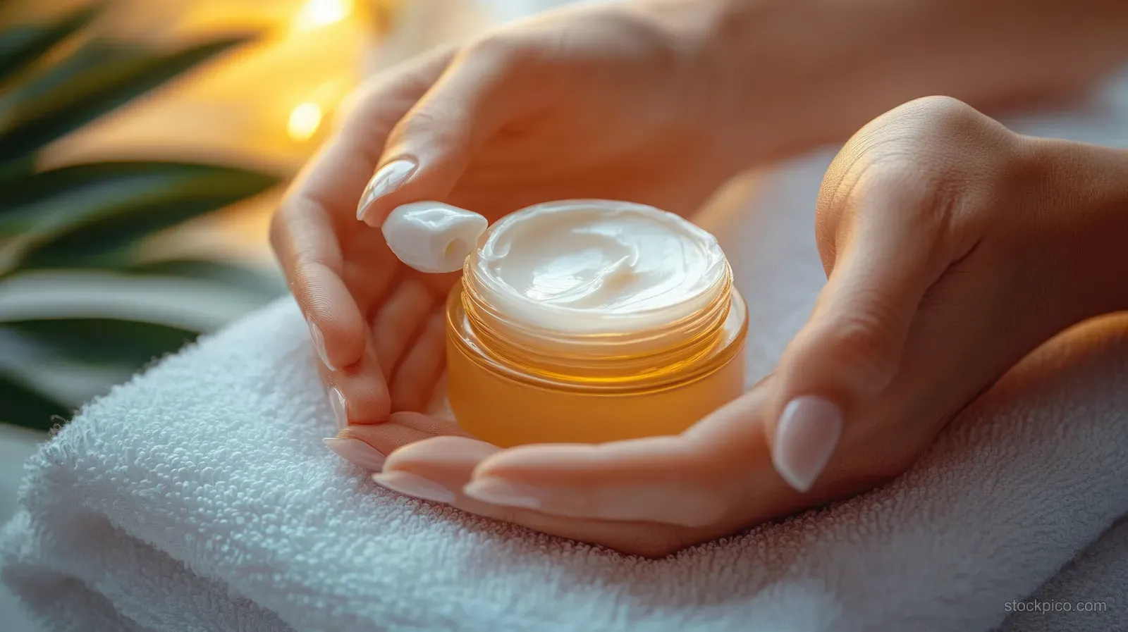 Hands holding an open jar of white cream over a towel with warm sunlight and a blurred plant background.