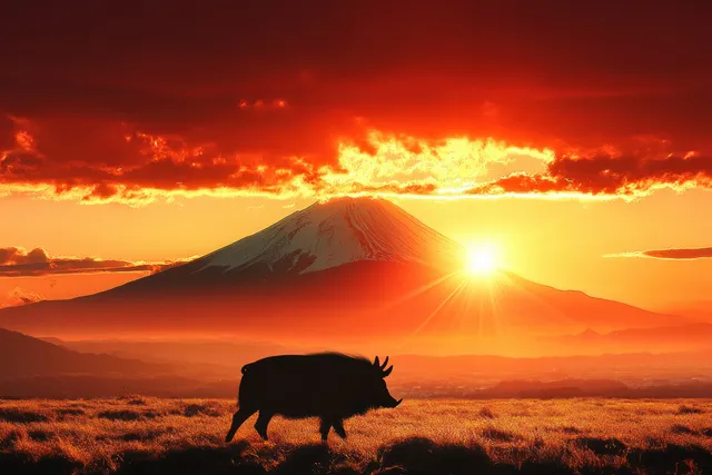 A wild boar walks in the foreground, silhouetted against a vibrant sunset and the iconic silhouette of Mount Fuji.