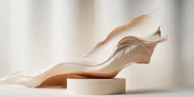 Creamy liquid flows around a textured cylinder on a studio pedestal for skincare display