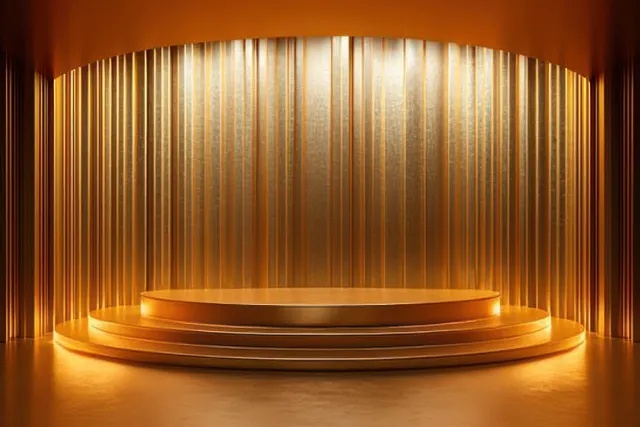 Golden stage podium on illuminated circular platform with warm spotlight glow and draped backdrop