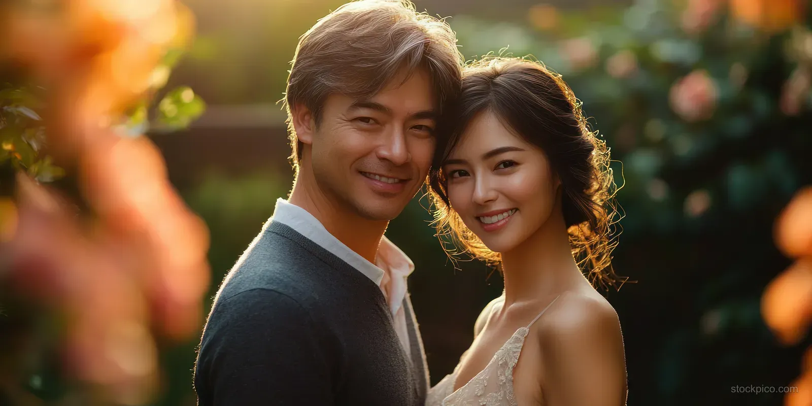 Romantic Asian couple smiling closely together in a lush garden during golden-hour light.