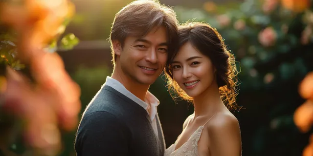 Romantic Asian couple smiling together in a lush garden at golden hour