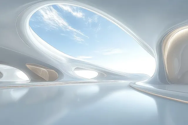 Empty futuristic minimalist corridor with smooth white curves and a bright arched sky opening.