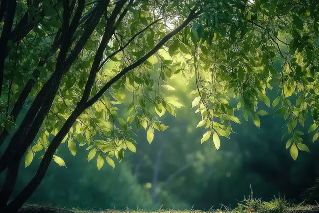 Sunlit Forest Canopy with Lush Green Leaves and Dappled Light Through Branches