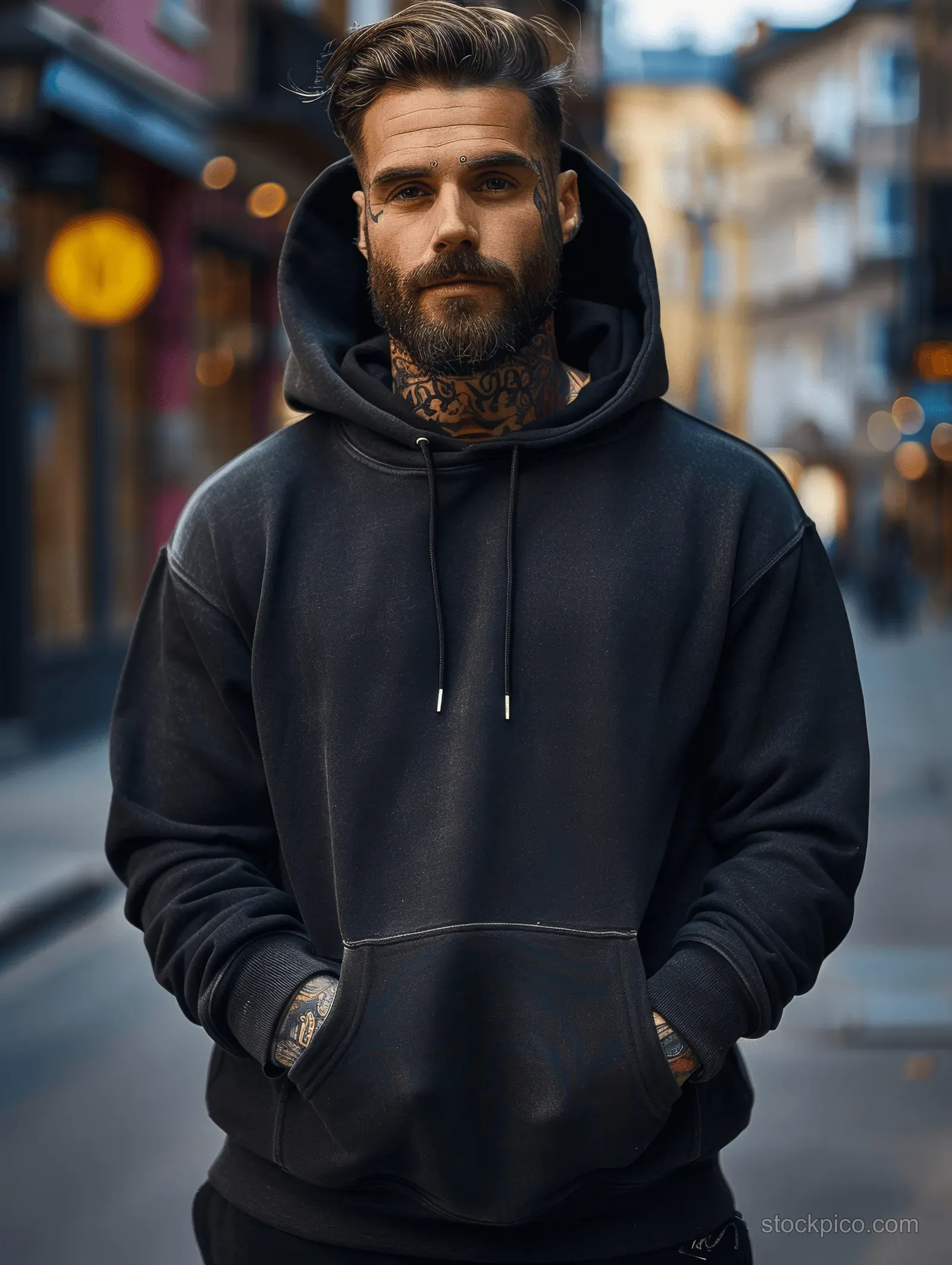 A bearded man in a black hoodie stands on a city street with tattooed arms and a blurred background.