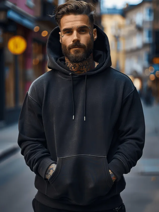A bearded man in a black hoodie stands on a city street with tattooed arms and a blurred background.