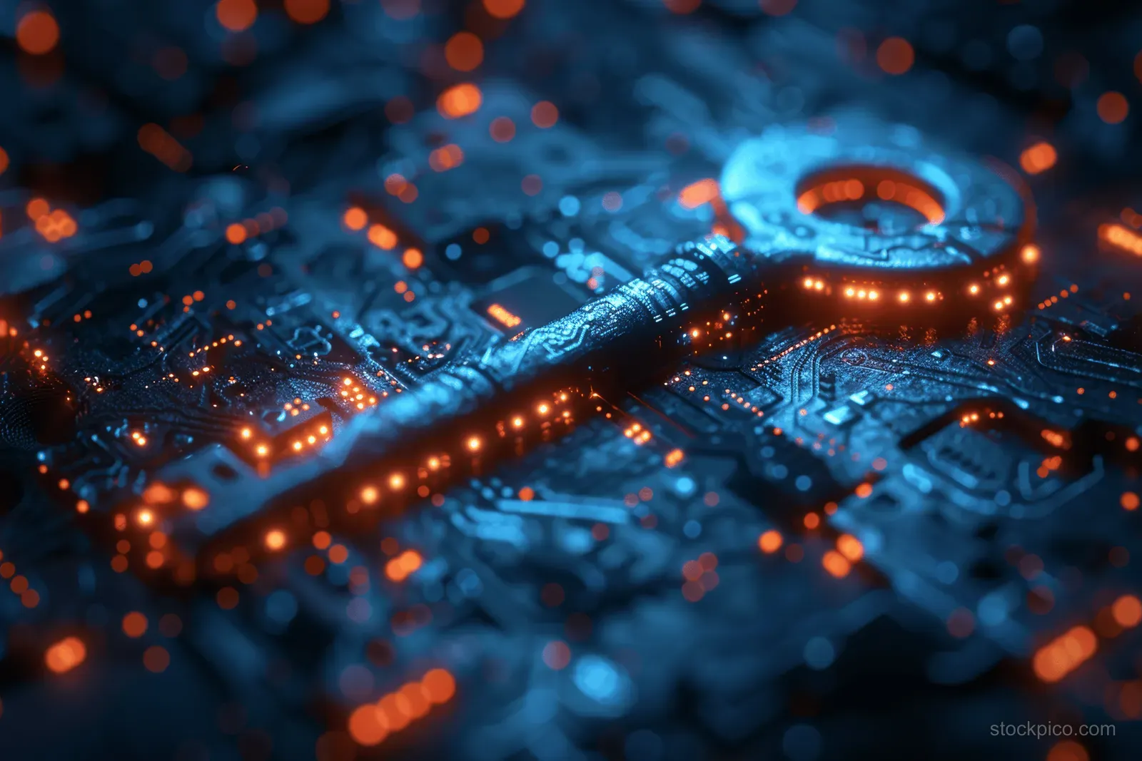 A glowing digital key overlays a blue circuit-like network with scattered data dots, suggesting secure online access.