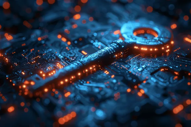 A glowing digital key overlays a blue circuit-like network with scattered data dots, suggesting secure online access.