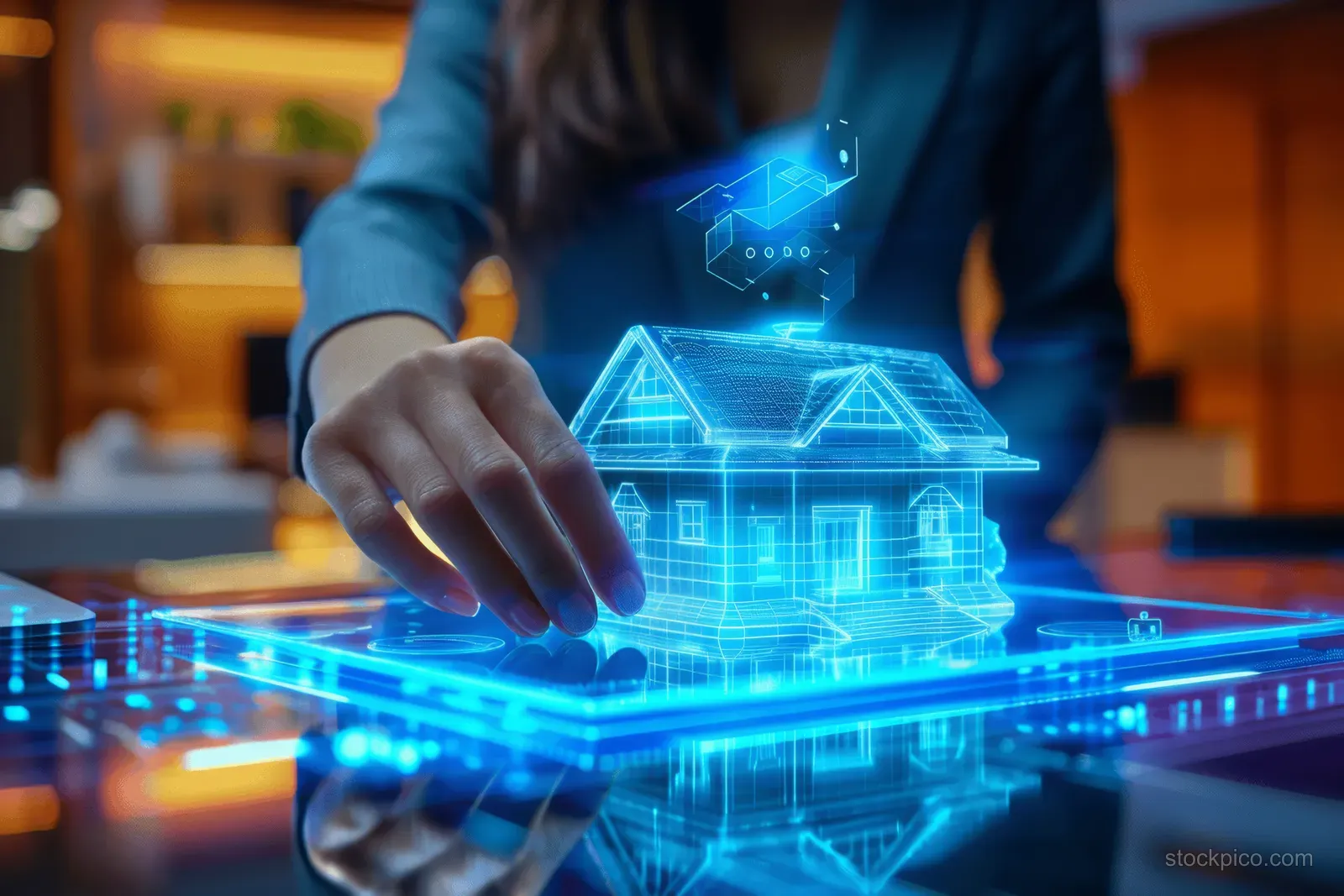 A woman signs mortgage paperwork as a glowing 3D hologram house and digital data float over a desk in an office.