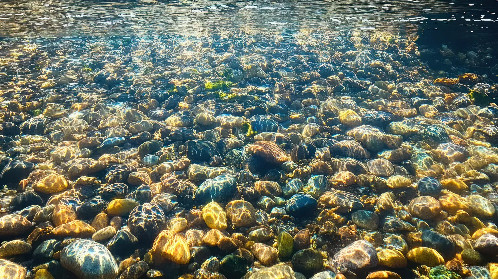 Sunlit shallow river water reveals multicolored smooth stones beneath with shimmering reflections on the surface.