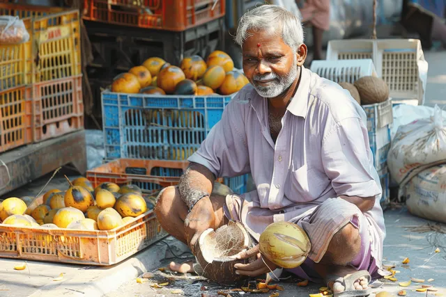 A middle-aged man peels a fresh coconut with a spoon in a vibrant Indian fish market surrounded by colorful produce.