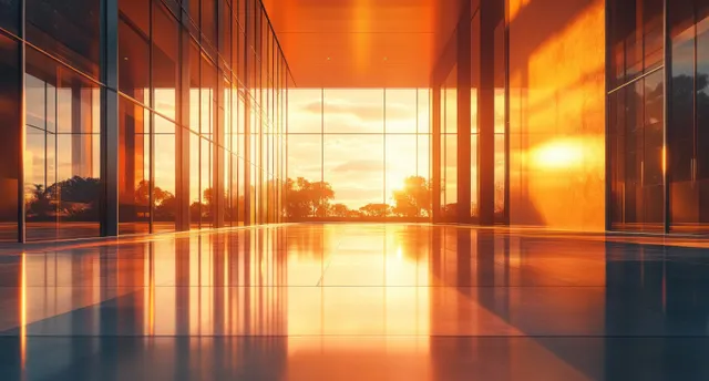 Glass corridor in a futuristic office building with warm sunset light and mirror-like reflections on a polished floor.
