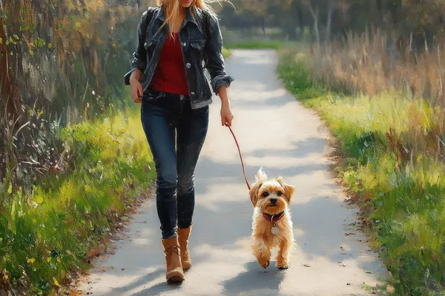 Young woman walking a small leashed dog along a sunlit paved path