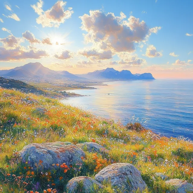 Sunlit coastal hillside adorned with wildflowers overlooks a tranquil blue sea and distant mountains under a partly cloudy sky.