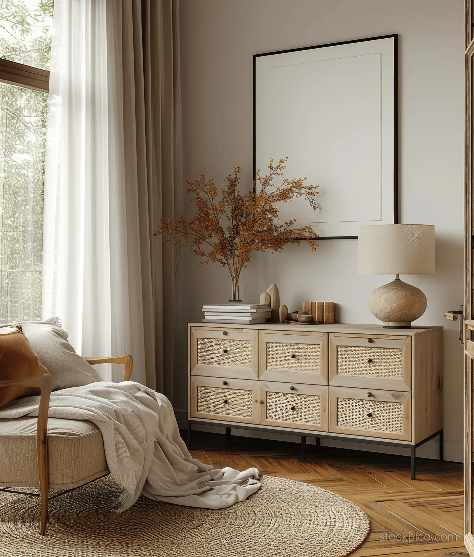 A light wood chest with rattan drawers sits beside an armchair in a sunlit neutral room.