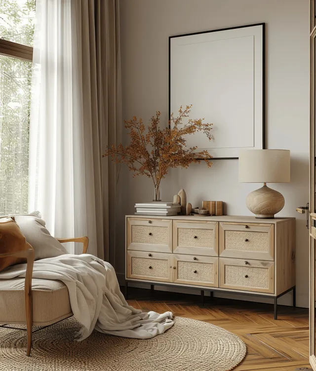 A light wood chest with rattan drawers sits beside an armchair in a sunlit neutral room.