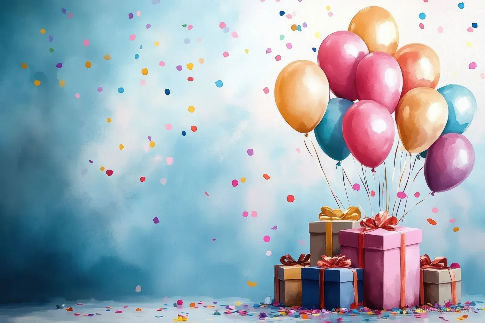 Colorful balloons rise above wrapped birthday gifts on a blue background with scattered confetti.