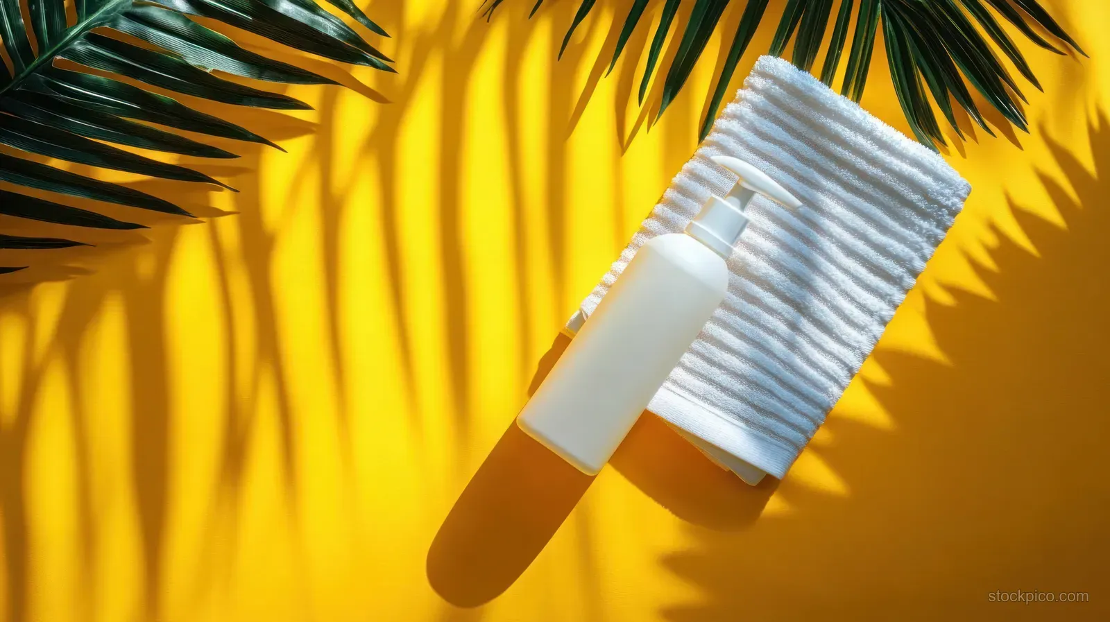 White lotion bottle and striped towel on a bright yellow surface with palm leaf shadows.