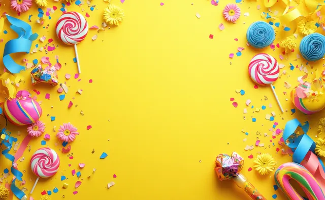Colorful lollipops, confetti, flowers, ribbons, and party blowers surround a bright yellow celebration background.